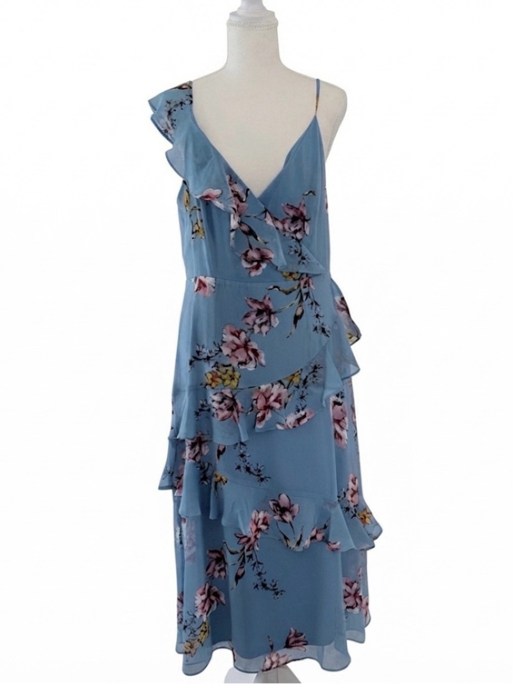 Avec Les Filles Sky Blue Floral Ruffle Midi Dress